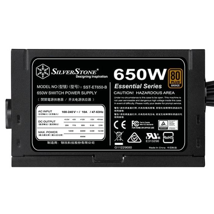 Блок живлення SilverStone Strider Essential (650W), >85%, 80+ Bronze, 120мм, 1xMB 24pin(20+4), 1xCPU 8pin(4+4), 3xMolex, 6xSATA, 4xPCIe 8pin(6+2) (SST-ET650-B)