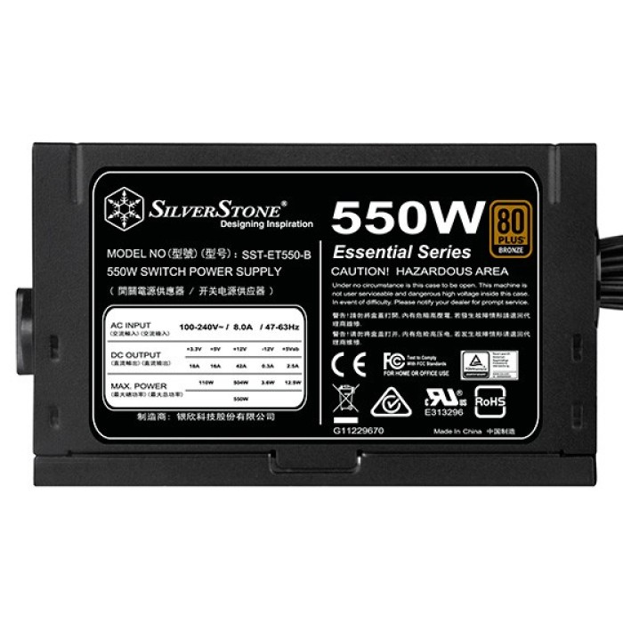 Блок живлення SilverStone Strider Essential (550W), >85%, 80+ Bronze, 120мм, 1xMB 24pin(20+4), 1xCPU 8pin(4+4), 3xMolex, 6xSATA, 2xPCIe 8pin(6+2) (SST-ET550-B)