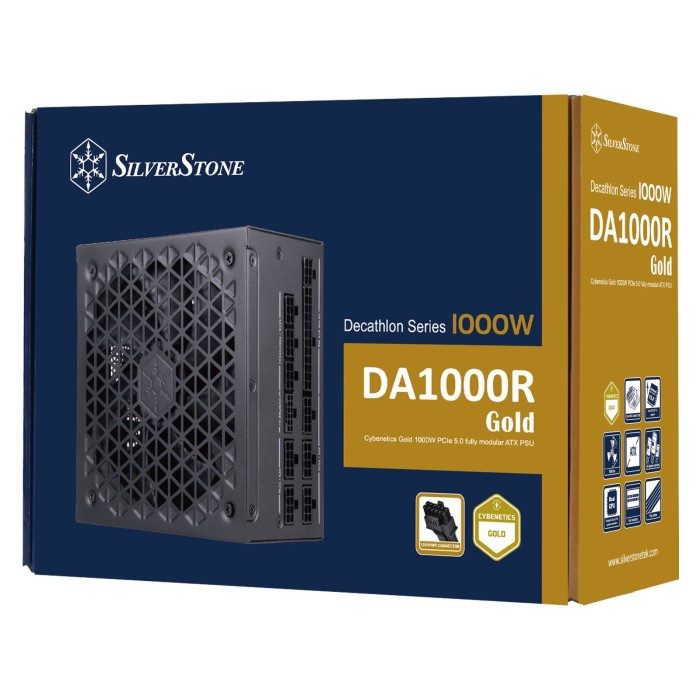 Блок живлення SilverStone Decathlon Cybenetics (1000W), >90%, 80+ Gold, 135мм, 1xMB 24pin(20+4), 2xCPU 8pin(4+4), 3xMolex, 12xSATA, 6xPCIe 8pin(6+2), 1x(12+4)pin, 1x12VHPWR, Fully Modular (SST-DA1000R-GM)