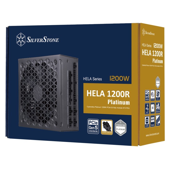 Блок живлення SilverStone Hela Cybenetics (1200W), >90%, 80+ Platinum, 135мм, 1xMB 24pin(20+4), 2xCPU 8pin(4+4), 3xMolex, 12xSATA, 6xPCIe 8pin(6+2), 1x12VHPWR, 1xFDD, Fully Modular (SST-HA1200R-PM)