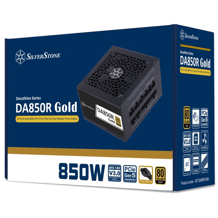 Блок живлення SilverStone Decathlon (850W), >89%, 80+ Gold, 120мм, 1xMB 24pin(20+4), 2xCPU 8pin(4+4), 4xMolex, 8xSATA, 4xPCIe 8pin(6+2), 1x(12+4pin)(12V-2x6) GEN5, Fully Modular (SST-DA850R-GMA)