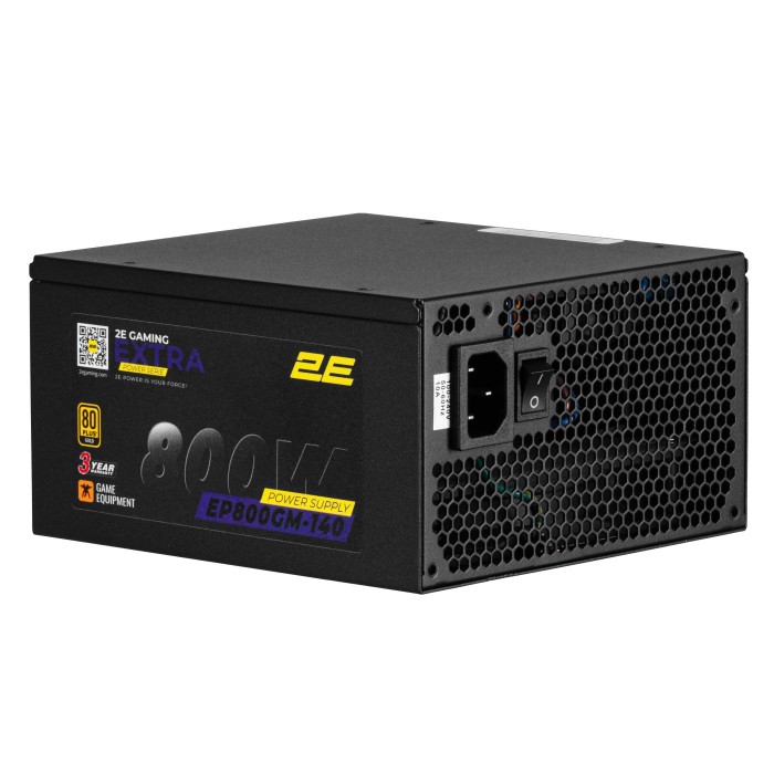 Блок живлення 2E GAMING Extra Power (800W), >90%, 80+ Gold, 140мм, 1xMB 24pin(20+4), 2xCPU 8pin(4+4), 3xMolex, 6xSATA, 4xPCIe 8pin(6+2), Modular (2E-EP800GM-140)
