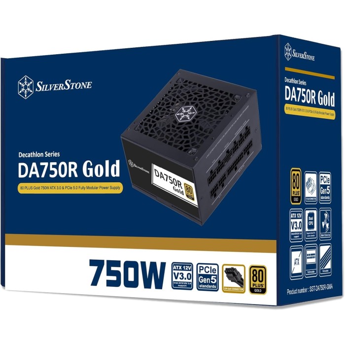 Блок живлення SilverStone Decathlon (750W), >90%, 80+ Gold, 120мм, 1xMB, 24pin(20+4), 2xCPU 8pin(4+4), 4xMolex, 8xSATA, 4xPCIe 8pin(6+2), 1 x 12V-2x6, Fully modular (SST-DA750R-GMA)