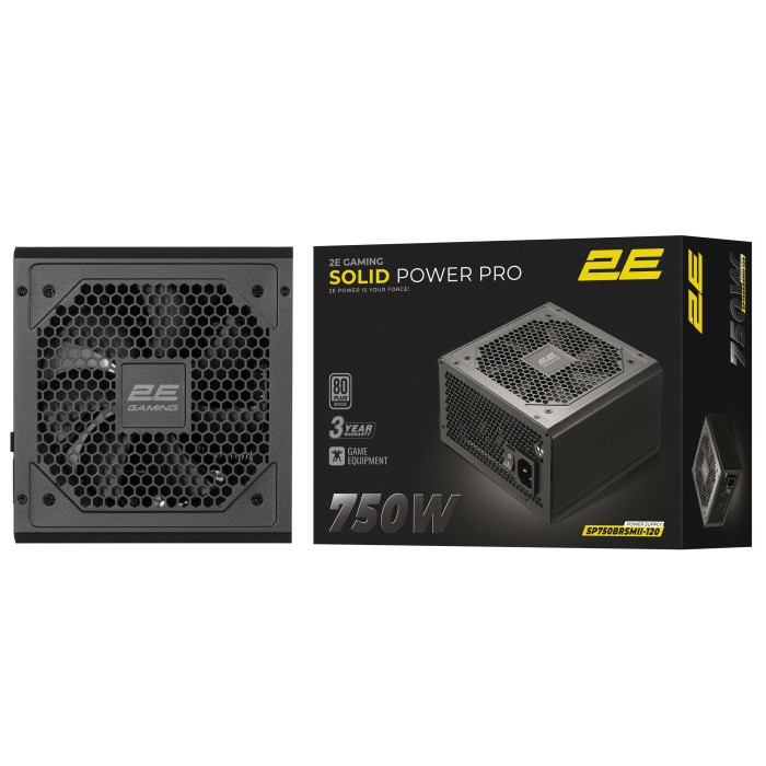 Блок живлення 2E GAMING Solid Power Pro ATX3.1 GEN5.0 (750W), >85%, 80+ Bronze, 120мм, 1xMB 24pin(20+4), 2xCPU 8pin(4+4), 3xMolex, 6xSATA, 4xPCIe 8pin(6+2), 1xPCIe GEN5 16pin, Semi Modular (2E-SP750BRSMII-120)