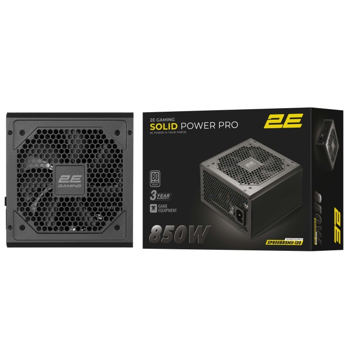 Блок живлення 2E GAMING Solid Power Pro ATX3.1 GEN5.0 (850W), >85%, 80+ Bronze, 120мм, 1xMB 24pin(20+4), 2xCPU 8pin(4+4), 3xMolex, 6xSATA, 4xPCIe 8pin(6+2), 1xPCIe GEN5 16pin, Semi Modular (2E-SP850BRSMII-120)