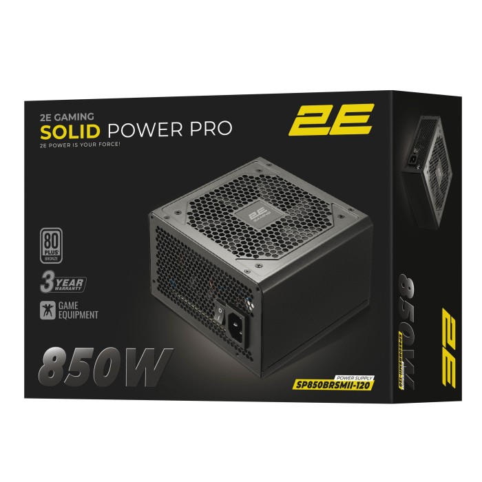 Блок живлення 2E GAMING Solid Power Pro ATX3.1 GEN5.0 (850W), >85%, 80+ Bronze, 120мм, 1xMB 24pin(20+4), 2xCPU 8pin(4+4), 3xMolex, 6xSATA, 4xPCIe 8pin(6+2), 1xPCIe GEN5 16pin, Semi Modular (2E-SP850BRSMII-120)