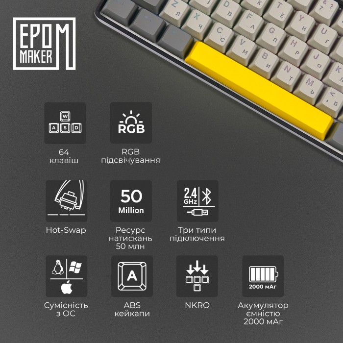 Клавіатура механічна бездротова EPOMAKER EP64 Mulan Black (EP64-B-M) (EP64-B-M)