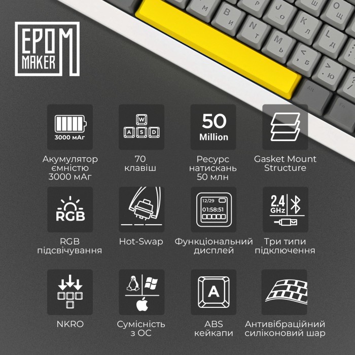 Клавіатура механічна бездротова EPOMAKER Shadow-X Mulan White (SHX-W-M) (SHX-W-M)