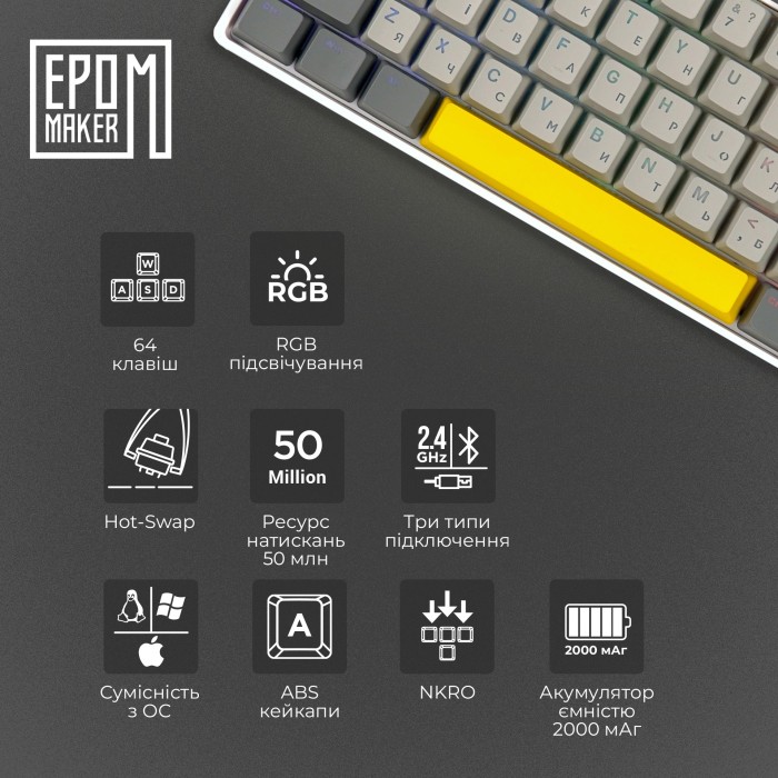 Клавіатура механічна бездротова EPOMAKER EP64 Mulan White (EP64-W-M) (EP64-W-M)