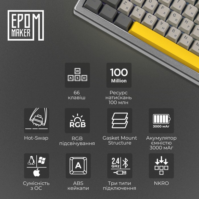 Клавіатура механічна бездротова EPOMAKER EK68 Budgerigar V2 Black (EK68-B-BV2) (EK68-B-BV2)