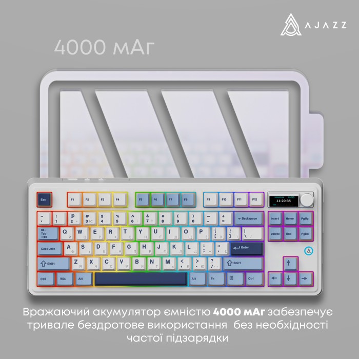 Клавіатура механічна бездротова Ajazz AK870 PLUS Murad Switch RGB Wireless/Bluetooth/USB White (AK870-MU-BWD)