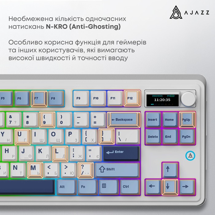 Клавіатура механічна бездротова Ajazz AK870 PLUS Murad Switch RGB Wireless/Bluetooth/USB White (AK870-MU-BWD)
