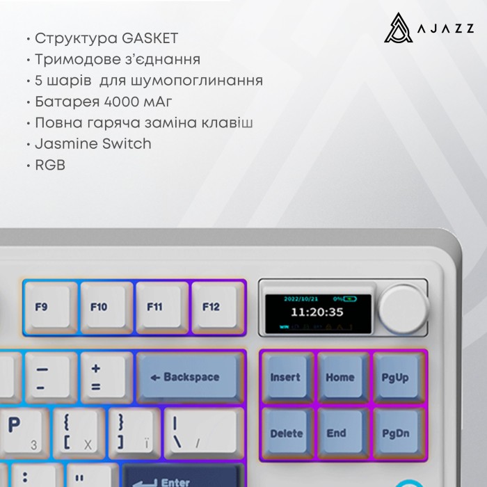 Клавіатура механічна бездротова Ajazz AK870 PLUS Murad Switch RGB Wireless/Bluetooth/USB White (AK870-MU-BWD)