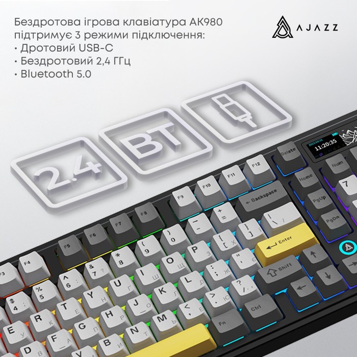 Бездротова механічна клавіатура Ajazz AK980 Clear Sky Switch Black-Gray-Yellow (AK980-CS-BGY) (AK980-CS-BGY)
